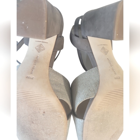 Antonio Melani Biege & Brown Ankle Strap Block Heels Fabric/Leather Sandals 8.5M - Picture 4 of 11
